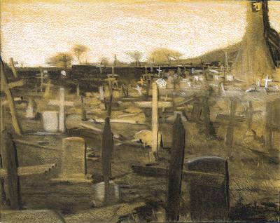 Cemetary in New Mexico - charcoal on gessoed paper